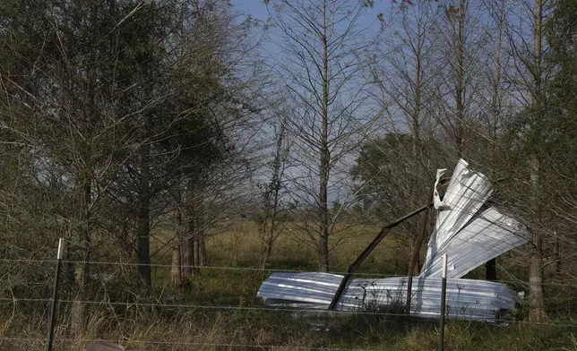 Debris sticks onto trees following a tornado that went through Katy, Texas, Saturday, Dec. 28, 2024. (Elizabeth Conley/Houston Chronicle via AP)