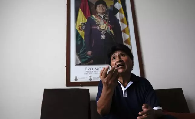 FILE - Bolivia's former President Evo Morales speaks during an interview in Lauca N in the Chapare region of Bolivia, Nov. 21, 2024. (AP Photo/Juan Karita, File)