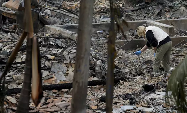 A resident sifts through their fire-damage property after the Franklin Fire swept through, Wednesday, Dec. 11, 2024, in Malibu, Calif. (AP Photo/Damian Dovarganes)