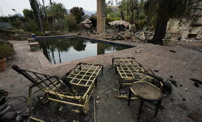 Burned outdoor furniture is left behind on a property after the Franklin Fire swept through, Wednesday, Dec. 11, 2024, in Malibu, Calif. (AP Photo/Damian Dovarganes)