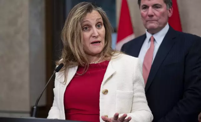 Minister of Finance and Deputy Prime Minister Chrystia Freeland delivers remarks on Parliament Hill in Ottawa, Ontario, Wednesday, Dec. 11, 2024. (Spencer Colby/The Canadian Press via AP)