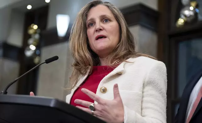 Minister of Finance and Deputy Prime Minister Chrystia Freeland delivers remarks on Parliament Hill in Ottawa, Ontario, Wednesday, Dec. 11, 2024. (Spencer Colby/The Canadian Press via AP)