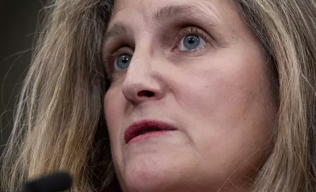 Minister of Finance and Deputy Prime Minister Chrystia Freeland delivers remarks on Parliament Hill in Ottawa, Ontario, Wednesday, Dec. 11, 2024. (Spencer Colby/The Canadian Press via AP)