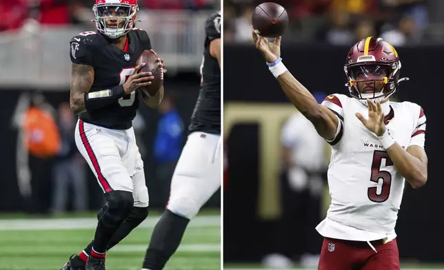 FILES - At left, Atlanta Falcons quarterback Michael Penix Jr. (9) plays in the first half of an NFL football game against the New York Giants in Atlanta, Dec. 22, 2024, and at right, Washington Commanders quarterback Jayden Daniels throws a pass against the New Orleans Saints during the first half of an NFL football game in New Orleans, Dec. 15, 2024. (AP Photos/Danny Karnik, Butch Dill, File)