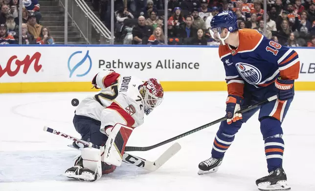 Florida Panthers goalie Sergei Bobrovsky (72) is scored against by Edmonton Oilers' Zach Hyman (18) during second-period NHL hockey game action in Edmonton, Alberta, Monday, Dec. 16, 2024. (Jason Franson/The Canadian Press via AP)