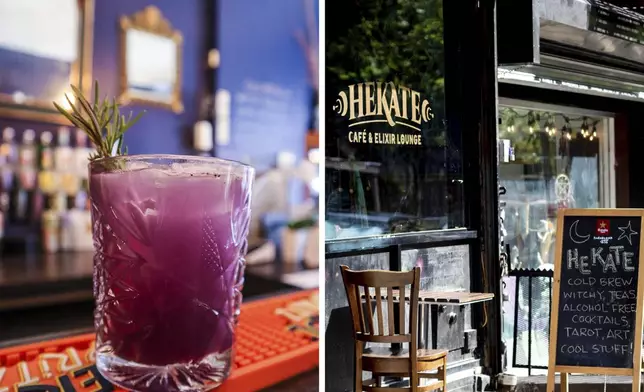 This combination of photos released by Hekate Cafe &amp; Elixir Lounge in New York shows their classic mocktail called The Healer, left, and an exterior view of the cafe and lounge. (Melissa Ulto/Hekate Cafe &amp; Elixir Lounge via AP)