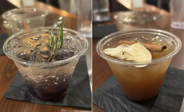 This combination of photos shows mocktail drinks Blackberry Smash, made with muddled blackberries, rosemary simple syrup and half club soda and tonic water, left, and a Fall Apple Spritz made with apple cider, orange and lime juice, seasoned simple syrup, topped with a dehydrated apple slice and a cinnamon stick, made at a mocktail class in Waitsfield, VT. on Oct. 28, 2024. (AP Photo/Carolyn Lessard)