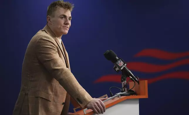 Denver Broncos quarterback Bo Nix talks during a news conference following an NFL football game against the Cleveland Browns, Monday, Dec. 2, 2024, in Denver. (AP Photo/Jack Dempsey)