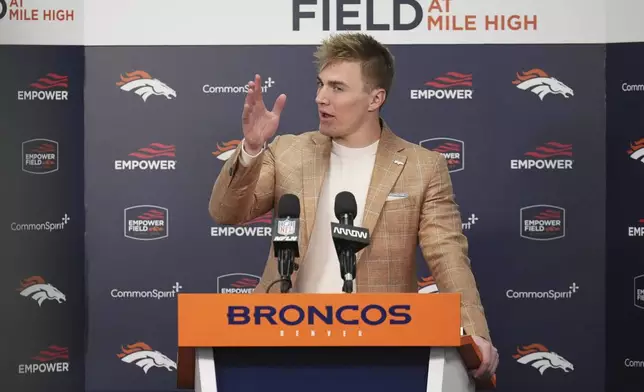 Denver Broncos quarterback Bo Nix talks during a news conference following an NFL football game against the Cleveland Browns, Monday, Dec. 2, 2024, in Denver. (AP Photo/Jack Dempsey)