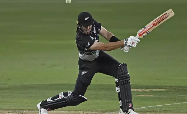 New Zealand's Mitch Hay bats, during the second Twenty20 international cricket match between New Zealand and Sri Lanka at Mt. Maunganui, New Zealand Monday, Dec. 30, 2024. (Andrew Cornaga/Photosport via AP)