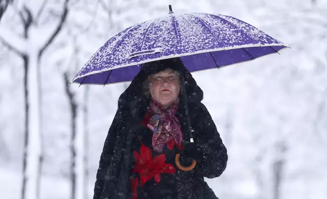 A woman walks through the park during heavy snowfall in Sarajevo, Bosnia, Tuesday, Dec. 24, 2024. (AP Photo/Armin Durgut)