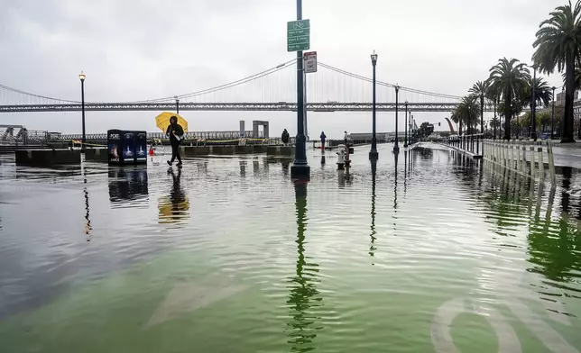 FILE - Water from the San Francisco Bay spills onto the Embarcadero as a result of high tides and storm-driven waves Dec. 14, 2024, in San Francisco. (AP Photo/Noah Berger, File)