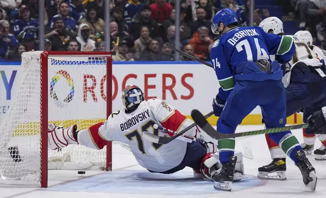Vancouver Canucks' Jake DeBrusk (74) scores against Florida Panthers goalie Sergei Bobrovsky (72) during the third period of an NHL hockey game in Vancouver, British Columbia, Thursday, Dec. 12, 2024. (Darryl Dyck/The Canadian Press via AP)