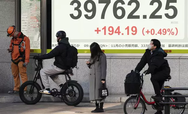 People wait in front of an electronic stock board showing Japan's Nikkei index at a securities firm Friday, Dec. 27, 2024, in Tokyo. (AP Photo/Eugene Hoshiko)