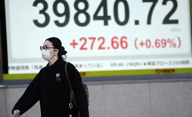 A person walks in front of an electronic stock board showing Japan's Nikkei index at a securities firm Friday, Dec. 27, 2024, in Tokyo. (AP Photo/Eugene Hoshiko)