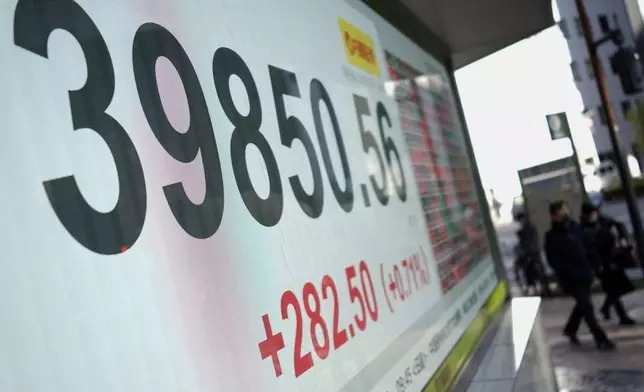 People walk in front of an electronic stock board showing Japan's Nikkei index at a securities firm Friday, Dec. 27, 2024, in Tokyo. (AP Photo/Eugene Hoshiko)