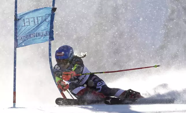 Mikaela Shiffrin, of the United States, competes during a women's World Cup giant slalom skiing race, Saturday, Nov. 30, 2024, in Killington, Vt. (AP Photo/Robert F. Bukaty)