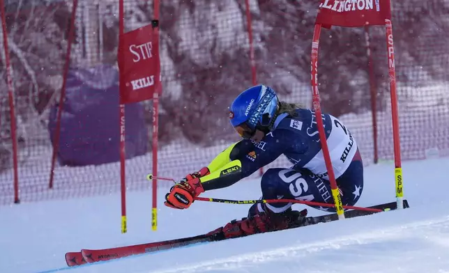 Mikaela Shiffrin, of the United States, competes during a women's World Cup giant slalom skiing race, Saturday, Nov. 30, 2024, in Killington, Vt. (AP Photo/Robert F. Bukaty)