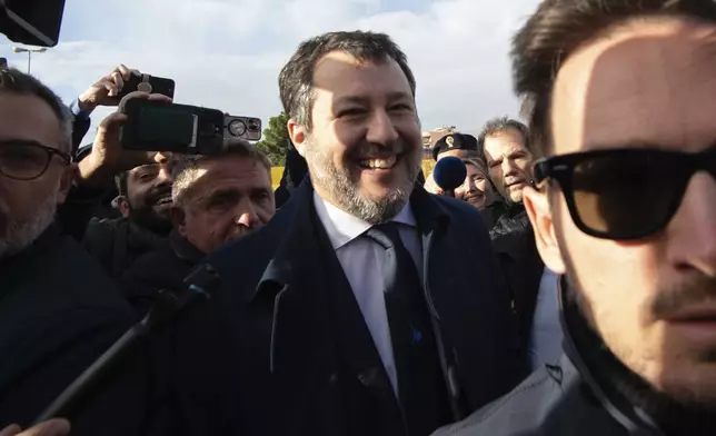 Italy's deputy premier, Matteo Salvini, arrives at the Palermo's court Friday Dec. 20, 2024 as he awaits a verdict for preventing some 100 migrants from disembarking a rescue boat in 2019 when he was interior minister. (AP Photo/Salvatore Cavalli)