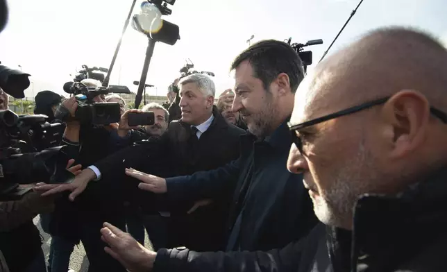 Italy's deputy premier, Matteo Salvini, arrives at the Palermo's court Friday Dec. 20, 2024 as he awaits a verdict for preventing some 100 migrants from disembarking a rescue boat in 2019 when he was interior minister. (AP Photo/Salvatore Cavalli)