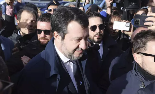 Italy’s vice premier, Matteo Salvini arrives at a court in Sicily that is expected to announce its verdict on whether Salvini is guilty of illegally detaining 100 migrants aboard a humanitarian rescue ship when he was interior minister, in Palermo, Italy, Friday, Dec. 20, 2024. (Alberto Lo Bianco/LaPresse via AP)