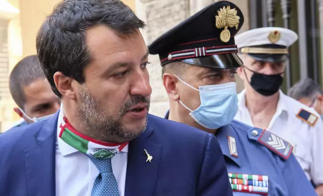 Former Interior minister Matteo Salvini leaves the Senate prior to a vote on lifting his immunity for a trial on Aug 2019 Open Arms case, in Rome Thursday, July 30, 2020. (Mauro Scrobogna/LaPresse via AP, File)