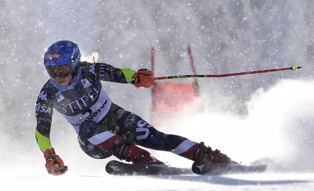 Mikaela Shiffrin, of the United States, competes during a women's World Cup giant slalom skiing race, Saturday, Nov. 30, 2024, in Killington, Vt. (AP Photo/Robert F. Bukaty)