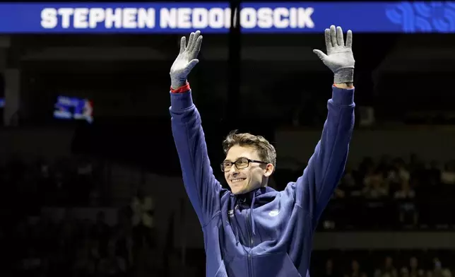 FILE - Stephen Nedoroscik is introduced at the United States Gymnastics Olympic Trials on Saturday, June 29, 2024, in Minneapolis. (AP Photo/Charlie Riedel, File)