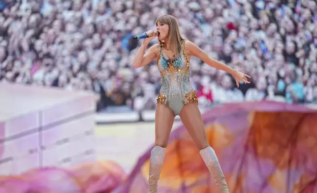 FILE - Taylor Swift performs at Wembley Stadium as part of her Eras Tour on Friday, June 21, 2024 in London. (Photo by Scott A Garfitt/Invision/AP, File)