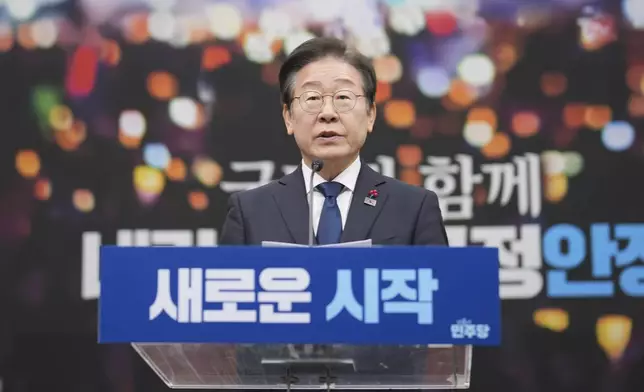 South Korea's main opposition Democratic Party leader Lee Jae-myung speaks during a press conference on removal of President Yoon Suk Yeol from office, at the party office at the National Assembly building in Seoul, South Korea, Sunday, Dec. 15, 2024. (AP Photo/Lee Jin-man)