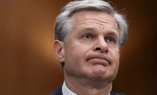 FILE - FBI Director Christopher Wray testifies during a Senate Homeland Security and Governmental Affairs Committee hearing Oct. 31, 2023, on Capitol Hill in Washington. (AP Photo/Stephanie Scarbrough, File)