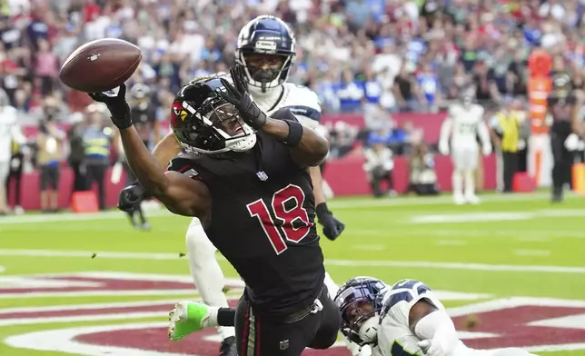Arizona Cardinals wide receiver Marvin Harrison Jr. (18) can't holdout the ball during the second half of an NFL football game against the Seattle Seahawks, Sunday, Dec. 8, 2024, in Glendale, Ariz. (AP Photo/Ross D. Franklin)