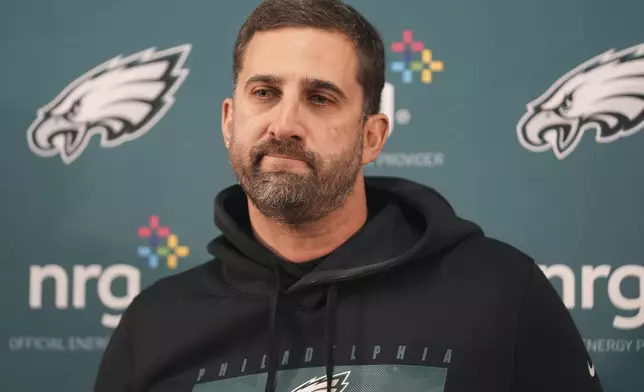 Philadelphia Eagles head coach Nick Sirianni speaks to members of the media after an NFL football game against the Washington Commanders, Sunday, Dec. 22, 2024, in Landover, Md. (AP Photo/Stephanie Scarbrough)