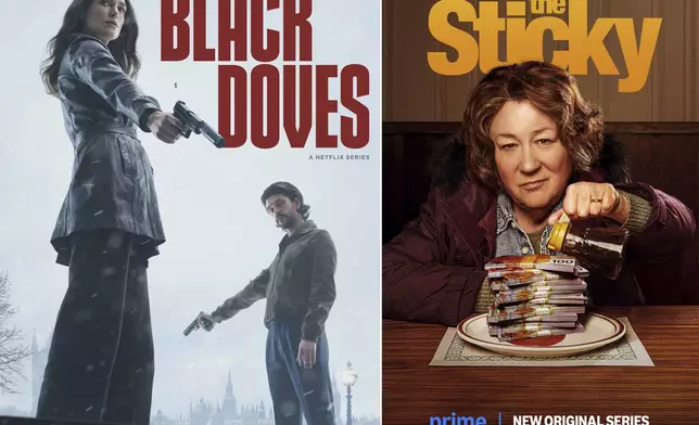 This combination of images shows promotional art for "Black Doves", left, and "The Sticky" (Netflix/Amazon Studios via AP)