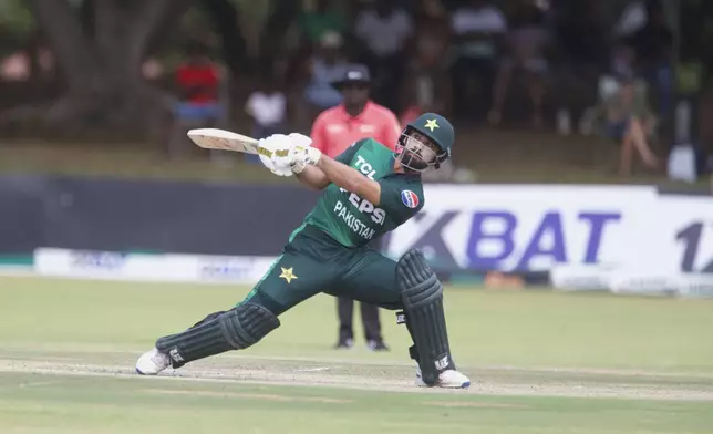 Pakistan's Qasim Akram at the wicket during the third T20 cricket match between Zimbabwe and Pakistan at Queens Sports Club in Bulawayo, Zimbabwe, Thursday, Dec. 5, 2024. (AP Photo/Wonder Mashura)