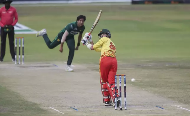 Zimbabwe's Brian Bennett at the wicket during the third T20 cricket match between Zimbabwe and Pakistan at Queens Sports Club in Bulawayo, Zimbabwe, Thursday, Dec. 5, 2024. (AP Photo/Wonder Mashura)