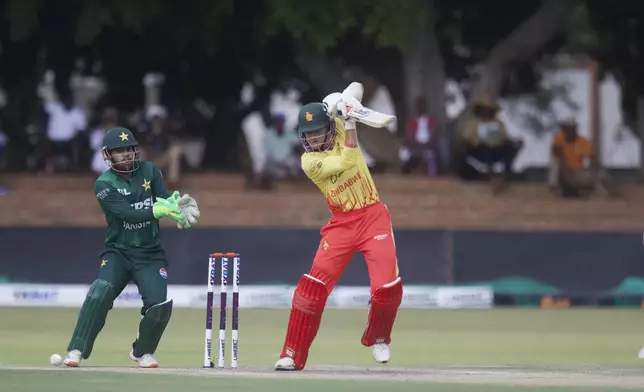 Zimbabwe's Brian Bennett at the wicket during the third T20 cricket match between Zimbabwe and Pakistan at Queens Sports Club in Bulawayo, Zimbabwe, Thursday, Dec. 5, 2024. (AP Photo/Wonder Mashura)