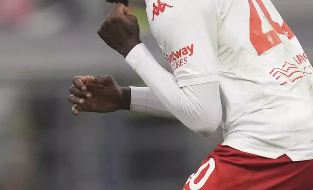 Fiorentina's Moise Kean reacts after missing a scoring chance during the Serie A soccer match between Bologna and Fiorentina, at Renato Dall'Ara Stadium in Bologna, Italy, Sunday Dec. 15, 2024. ( Massimo Paolone/LaPresse via AP)