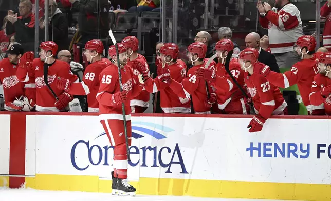 Detroit Red Wings defenseman Jeff Petry (46) celebrates with his teammates after scoring a goal against the Toronto Maple Leafs during the first period of an NHL hockey game, Saturday, Dec. 14, 2024 in Detroit. (AP Photo/Lon Horwedel)