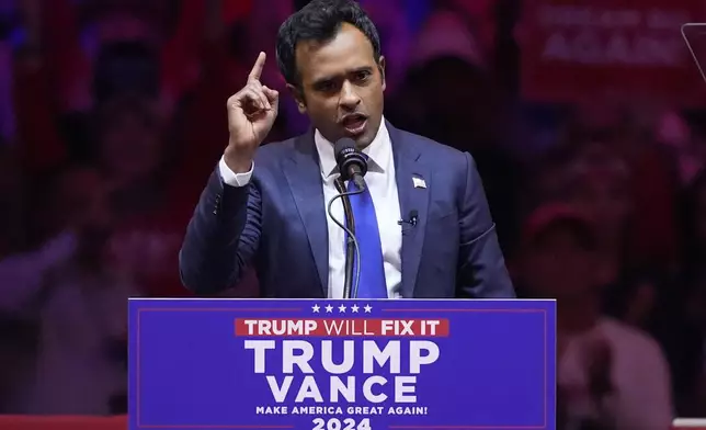 FILE - Vivek Ramaswamy speaks at a campaign rally, Oct. 27, 2024, in New York. (AP Photo/Evan Vucci, File)