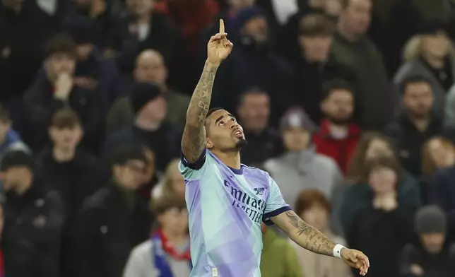 Arsenal's Gabriel Jesus celebrates after scoring his side's first goal during the English Premier League soccer match between Crystal Palace and Arsenal, at Selhurst Park, in Luton, England, Saturday, Dec. 21, 2024. (AP Photo/Ian Walton)