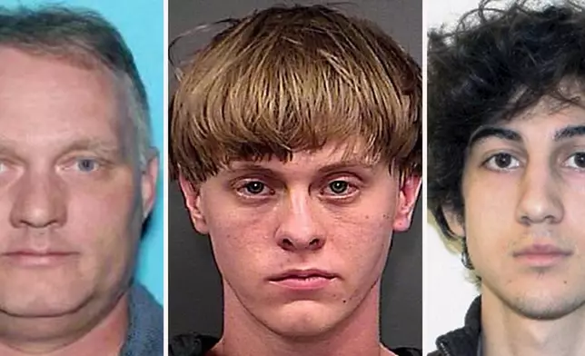 FILE - This combination photo shows federal death row inmates Robert Bowers, from left, the gunman who massacred 11 worshippers at a Pittsburgh synagogue in 2018, Dylann Roof, who committed racist slayings of nine members of a Black South Carolina congregation, and Dzhokhar Tsarnaev, convicted for carrying out the April 15, 2013, Boston Marathon bombing attack. (Pennsylvania Department of Transportation, from left, Charleston County Sheriff's Office, FBI via AP, File)