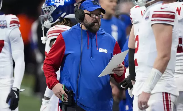 New York Giants head coach Brian Daboll on the sideline in the second half of an NFL football game against the Atlanta Falcons in Atlanta, Sunday, Dec. 22, 2024. (AP Photo/John Bazemore)