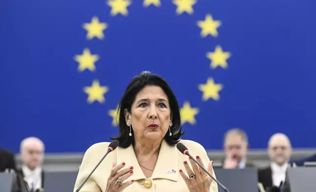 Georgian outgoing President Salome Zourabichvili delivers her speech at the European Parliament and appealed to the European Union to press her country's pro-Russia government to hold a new election amid a police crackdown on peaceful opposition protesters., Wednesday, Dec. 18, 2024 in Strasbourg, eastern France. (AP Photo/Pascal Bastien)