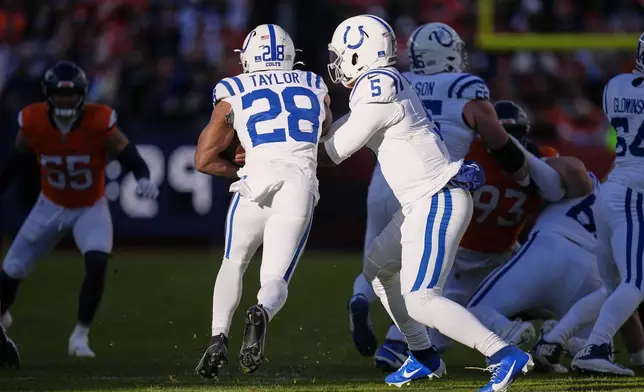 Indianapolis Colts' Jonathan Taylor runs during the first half of an NFL football game against the Denver Broncos Sunday, Dec. 15, 2024, in Denver. (AP Photo/Jack Dempsey)