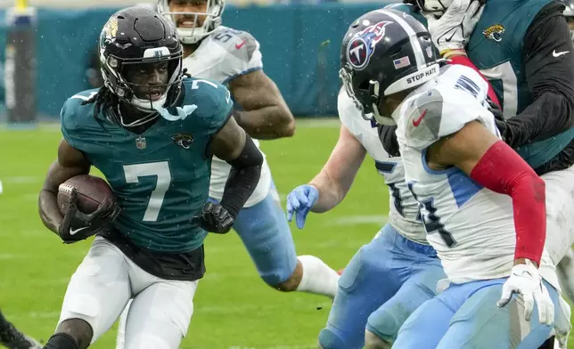 Jacksonville Jaguars wide receiver Brian Thomas Jr. (7) runs the ball during the first half of an NFL football game against the Jacksonville Jaguars, Sunday, Dec. 29, 2024, in Jacksonville, Fla. (AP Photo/John Raoux)