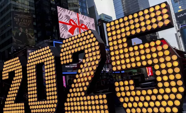 FILE - The 2025 New Year's Eve numerals are displayed in Times Square, on Dec. 18, 2024, in New York. (AP Photo/Julia Demaree Nikhinson, File)