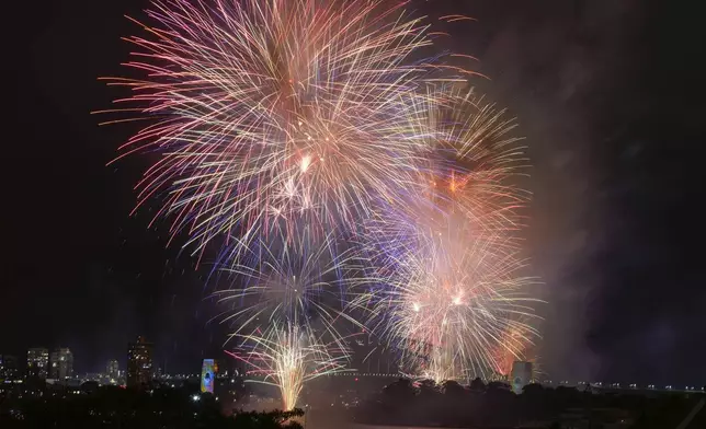 FILE - Fireworks explode over the Sydney Harbour Bridge as New Year celebrations begin in Sydney, Australia, Monday, Jan. 1, 2024. (AP Photo/Mark Baker, File)