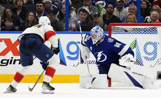 Florida Panthers center Eetu Luostarinen, left, scores against Tampa Bay Lightning goaltender Andrei Vasilevskiy (88) during the second period of an NHL hockey game Sunday, Dec. 22, 2024, in Tampa, Fla. (AP Photo/Chris O'Meara)