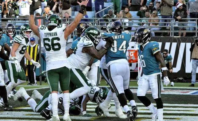 New York Jets running back Breece Hall (20) scores against the Jacksonville Jaguars on a 1-yard run during the second half of an NFL football game Sunday, Dec. 15, 2024, in Jacksonville, Fla. (AP Photo/John Raoux)